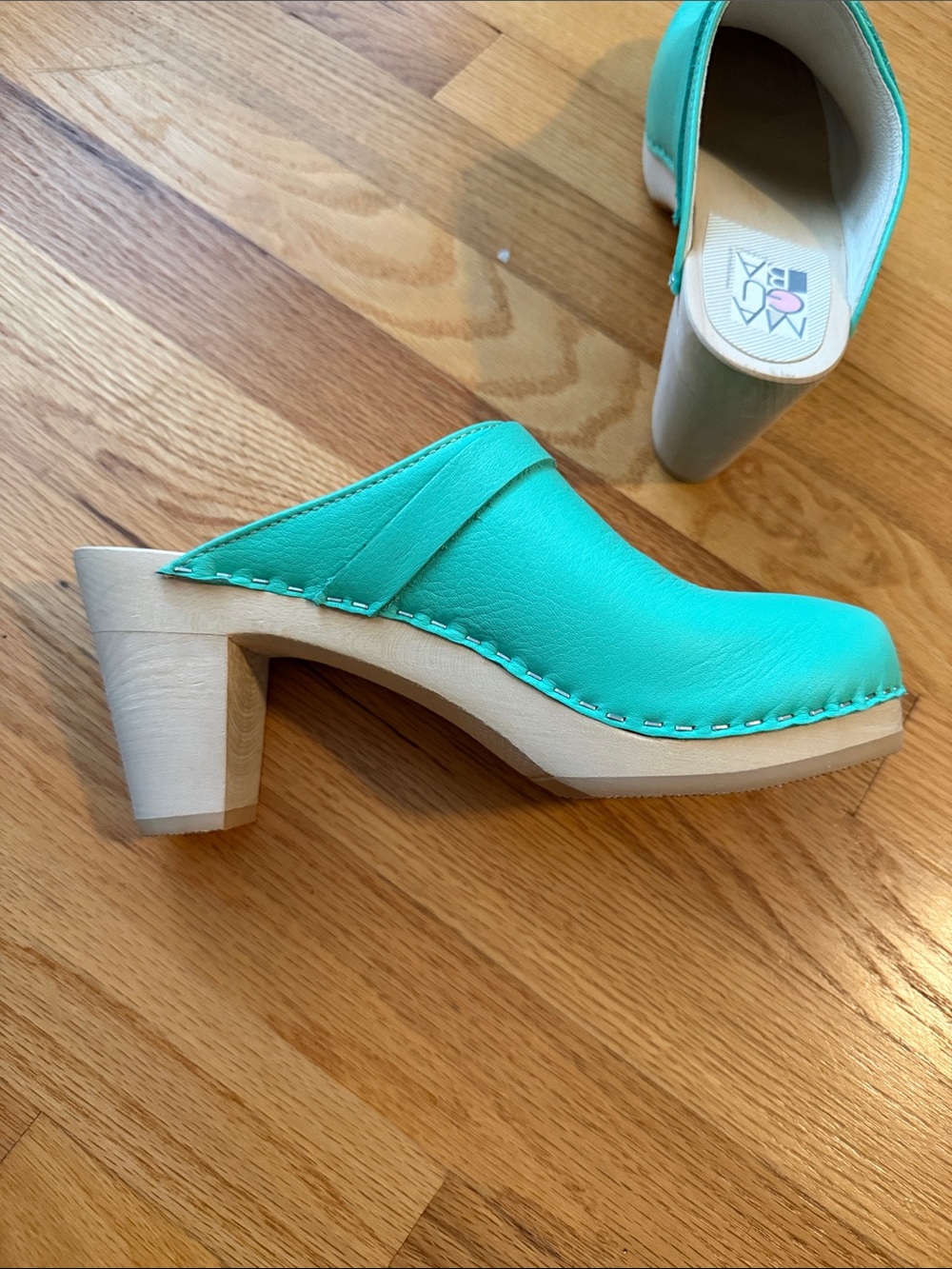 Mint green/aqua Maguba Leather Clog Heels, new size 40 - Picture 5 of 8